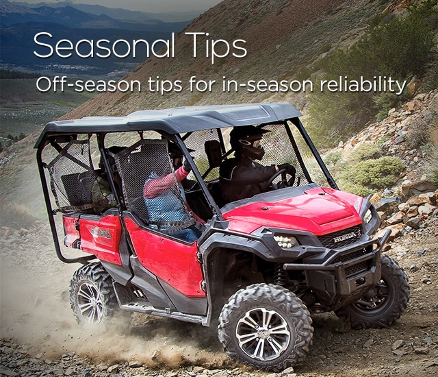 Seasonal Tips. Off-season tips for in-season reliability. People driving ATV on dirt road.