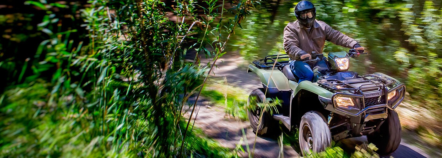 Pilote de VTT qui accélère dans une savane couverte de buissons d'un vert riche.