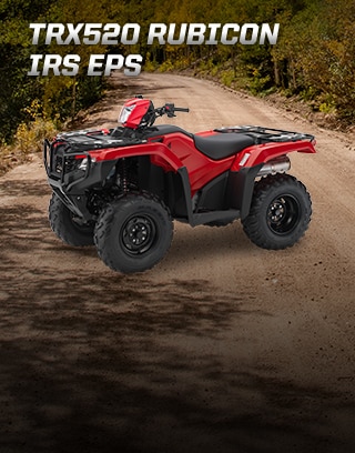 TRX500 Rubicon IRS EPS. Champion the trails. Image of rider confidently speeding through dirt trail.