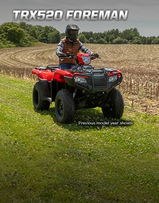 TRX500 Foreman. Tough to beat. Easy to ride. Image of tough ATV rider driving up rugged terrain with a trail of dust behind.