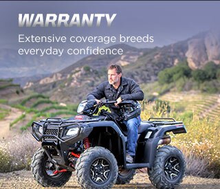 Warranty. Extensive coverage breeds everyday confidence. Man sitting on ATV