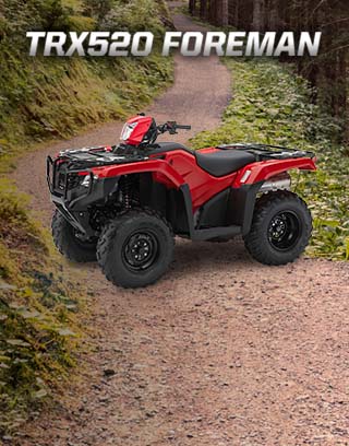 TRX500 Foreman. Tough to beat. Easy to ride. Image of tough ATV rider driving up rugged terrain with a trail of dust behind.